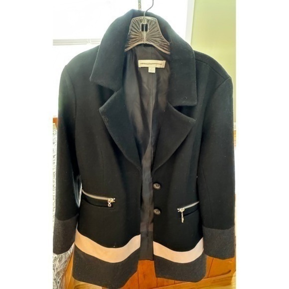 New York & Company Wool Blend Colorblock Moto Coat - Women's M Light Pink Stripe